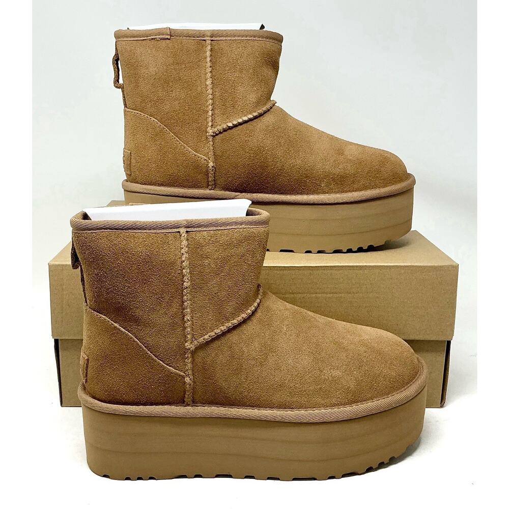 UGG Women Classic Mini Platform Suede Chestnut Boots NIB - Picture 12 of 16